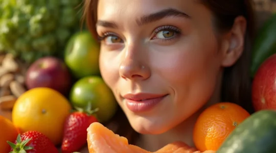 Image d'une peau éclatante entourée d'aliments colorés riches en antioxydants et bons gras, symbolisant la nutrition anti-âge