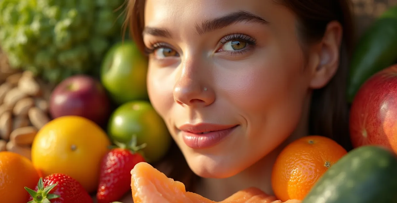 Image d'une peau éclatante entourée d'aliments colorés riches en antioxydants et bons gras, symbolisant la nutrition anti-âge