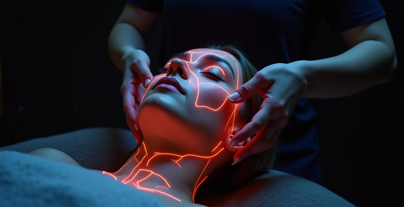 Illustration symbolique montrant le visage et la dynamique de la circulation sanguine stimulée par un massage Kobido