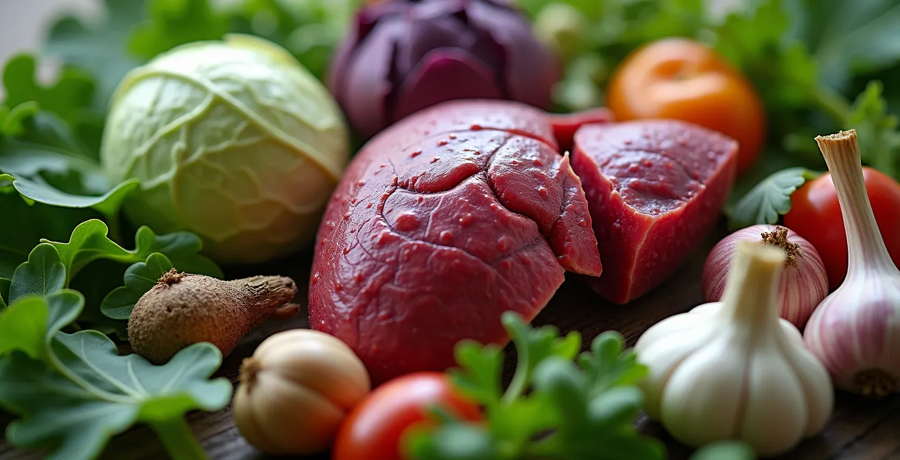 Illustration détaillée du foie humain avec éléments alimentaires verts et symboles du microbiote intestinal
