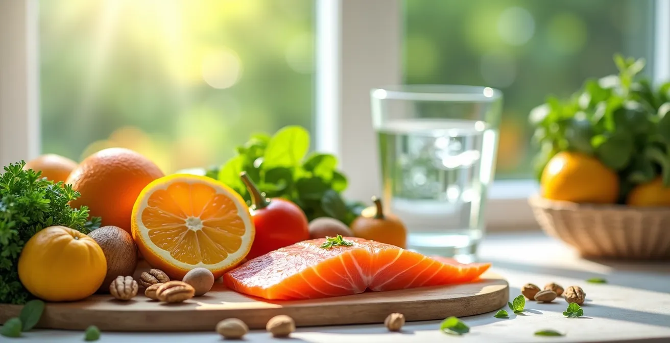 Composition visuelle de plusieurs aliments riches en antioxydants et nutriments bénéfiques pour la peau, avec un focus sur les omégas-3, fruits colorés et l'eau