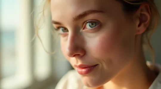 Visage féminin radieux avec une peau lumineuse et uniforme sous une lumière douce naturelle