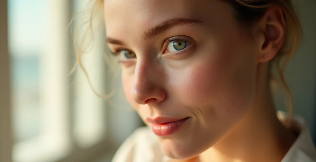Visage féminin radieux avec une peau lumineuse et uniforme sous une lumière douce naturelle