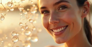 Visage féminin éclatant avec peau ferme et élastique, entouré d'éléments symbolisant le collagène et l'élasticité