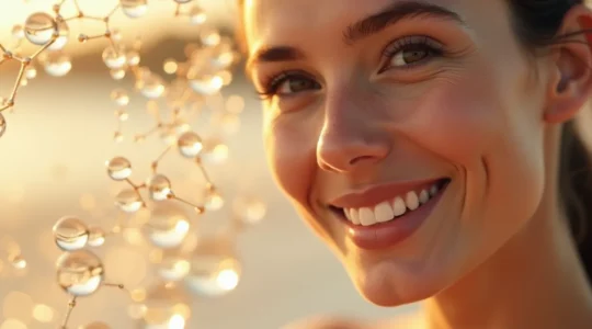 Visage féminin éclatant avec peau ferme et élastique, entouré d'éléments symbolisant le collagène et l'élasticité