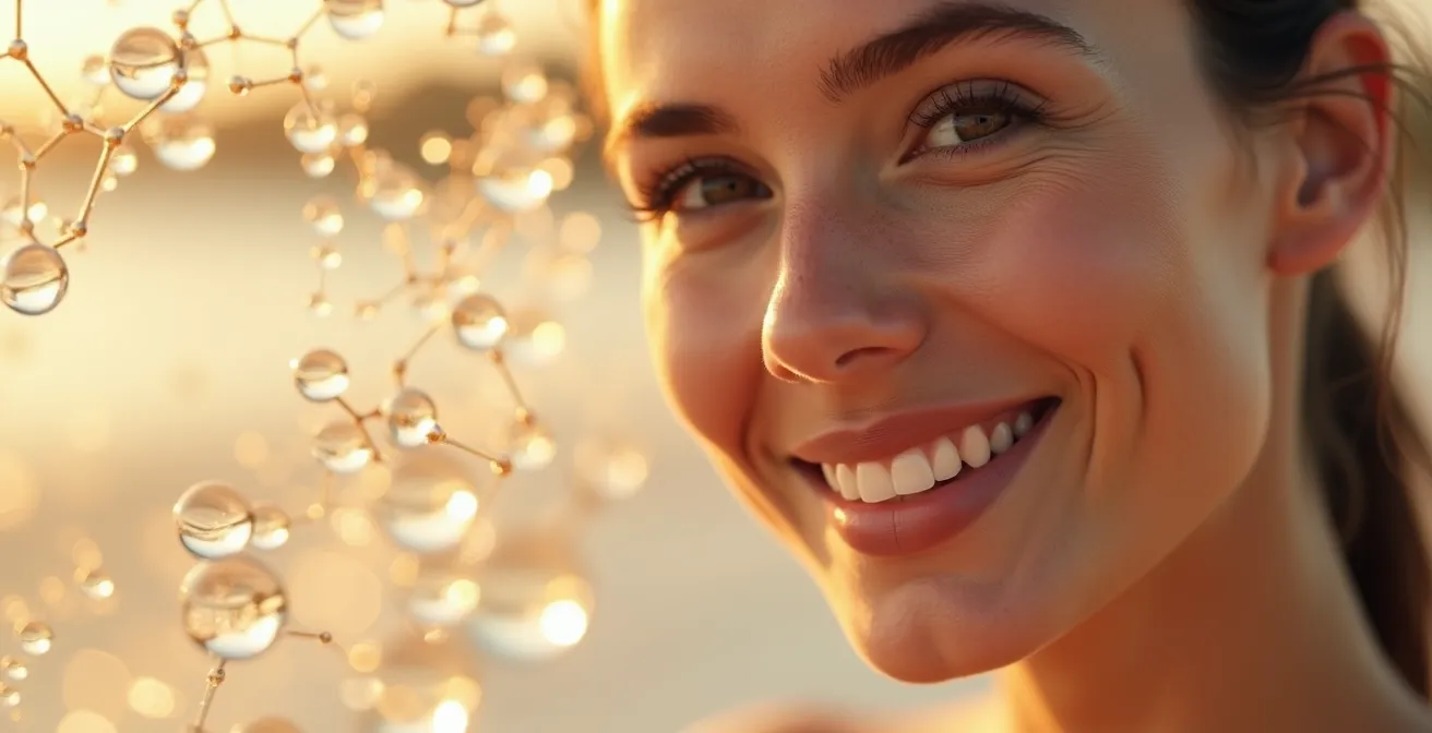 Visage féminin éclatant avec peau ferme et élastique, entouré d'éléments symbolisant le collagène et l'élasticité