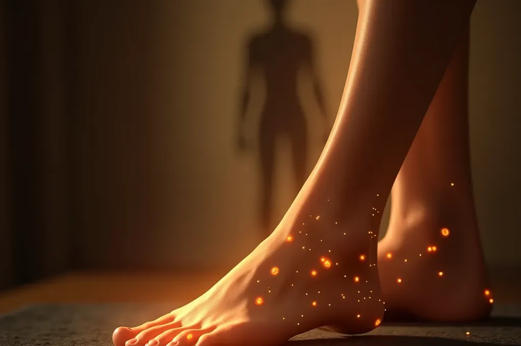 Illustration symbolique d'un pied humain avec des zones lumineuses représentant les points réflexes, évoquant la régulation du corps par la réflexologie plantaire