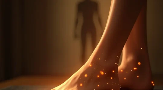 Illustration symbolique d'un pied humain avec des zones lumineuses représentant les points réflexes, évoquant la régulation du corps par la réflexologie plantaire