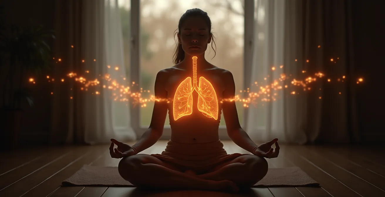 Représentation symbolique d’un pratiquant de pranayama en posture méditative, avec des flux d’énergie et de purification illustrés autour du corps