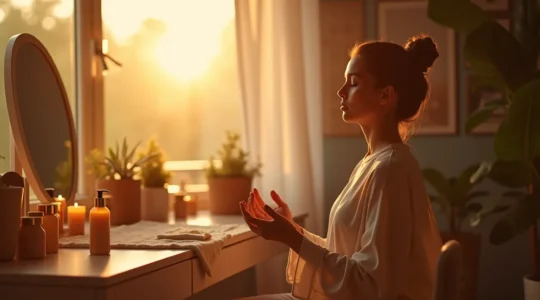 Femme méditant devant une coiffeuse, lumière dorée, ambiance sereine, rituels beauté et bien-être.