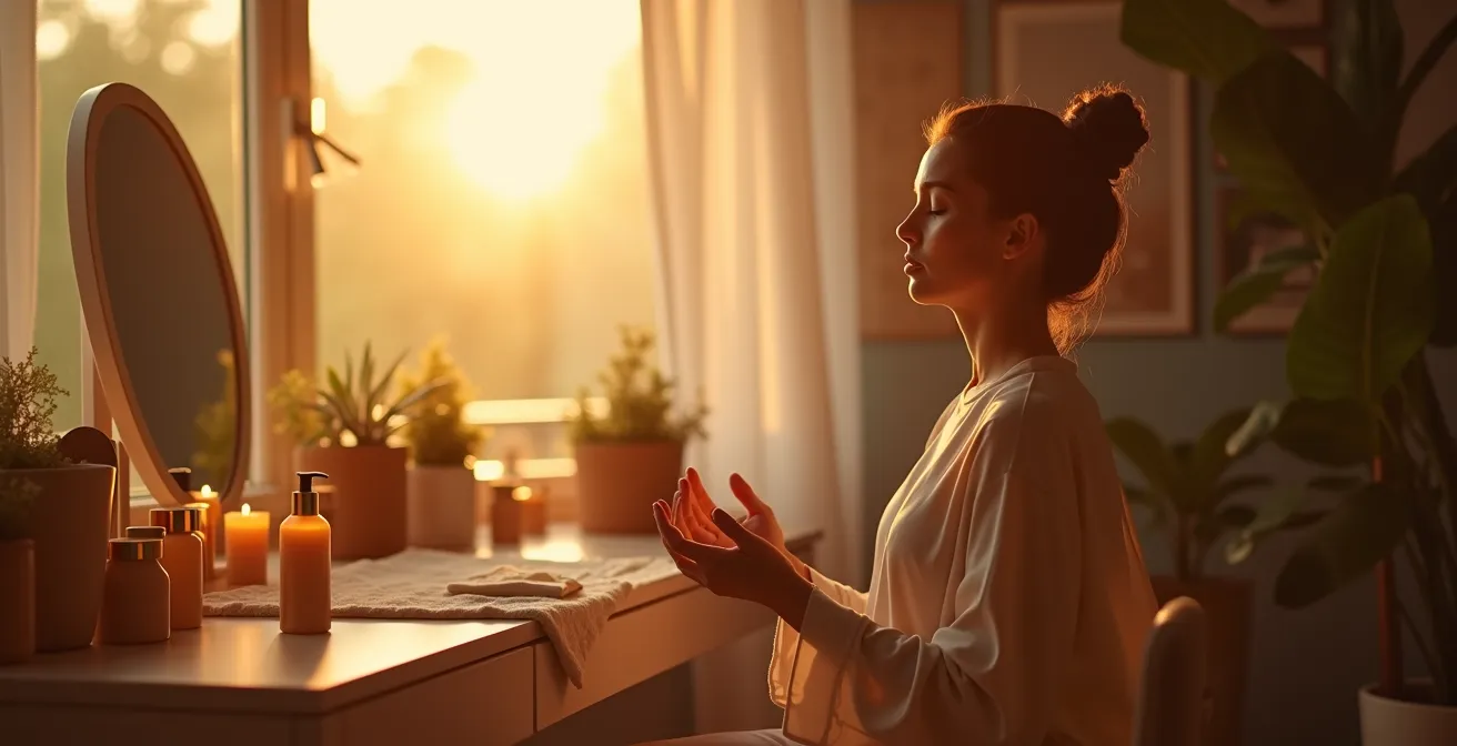 Femme méditant devant une coiffeuse, lumière dorée, ambiance sereine, rituels beauté et bien-être.