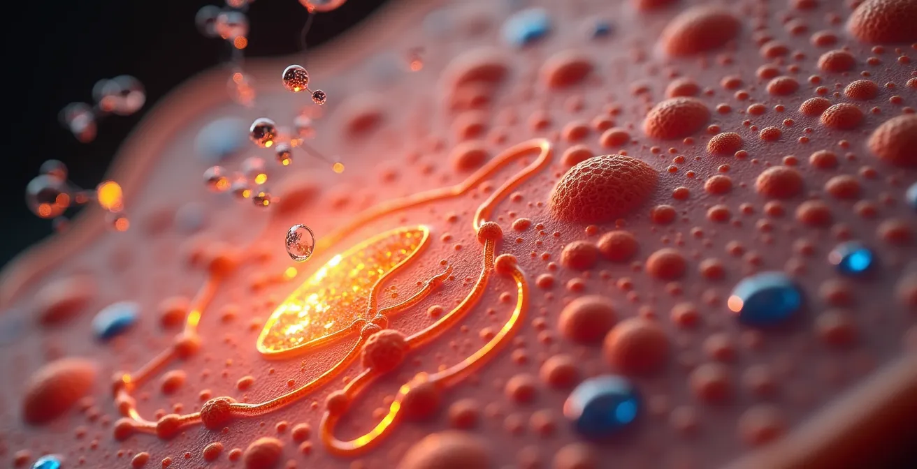 Illustration scientifique montrant le film hydrolipidique comme une barrière protectrice avec microbiome et effets hormonaux.