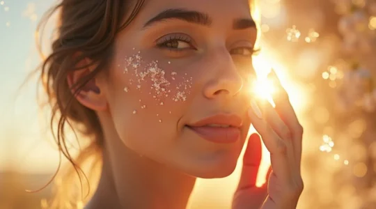 Une image symbolisant la jeunesse et la protection de la peau contre le vieillissement, fusionnant science et nature.