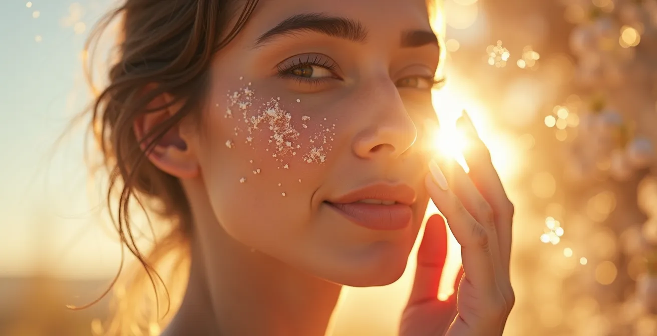 Une image symbolisant la jeunesse et la protection de la peau contre le vieillissement, fusionnant science et nature.