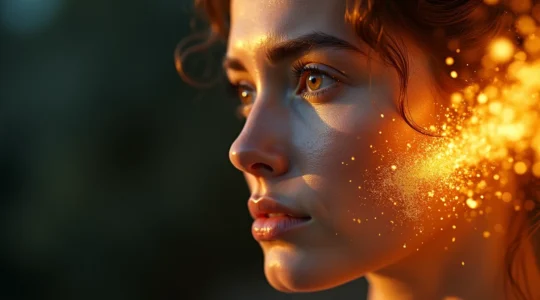 Une représentation symbolique du stress oxydatif affectant la peau, montrant un visage humain au centre avec des radicaux libres et des antioxydants en bataille autour