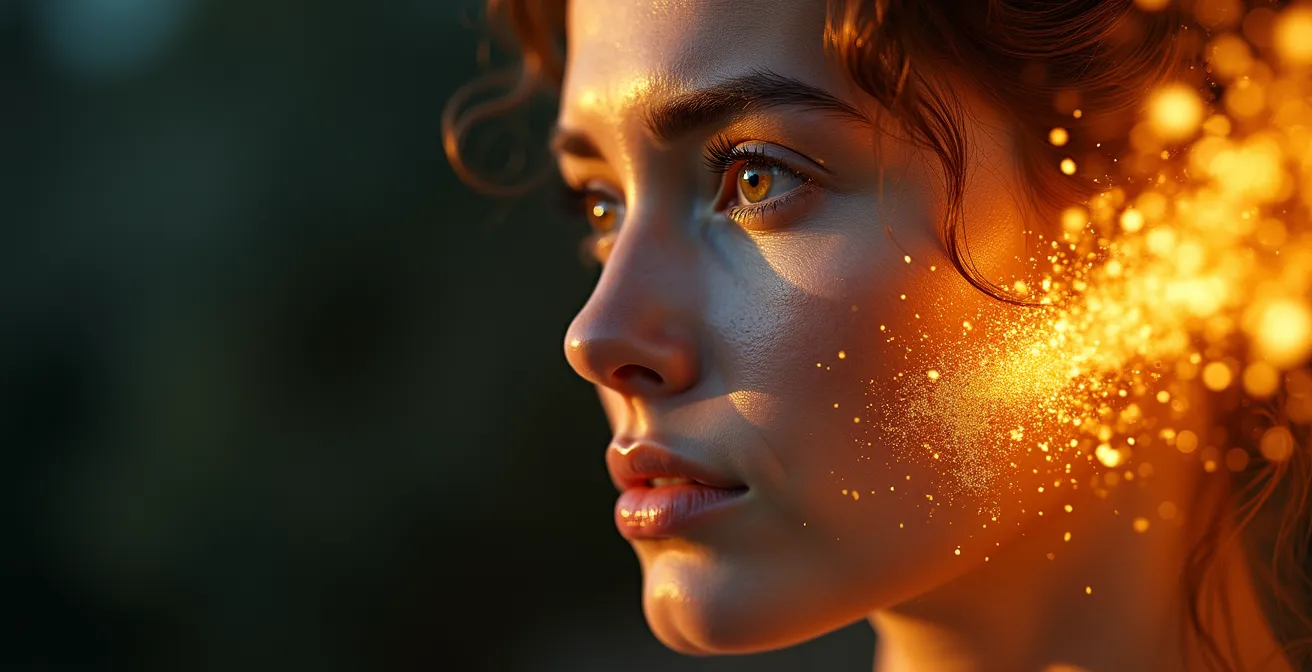 Une représentation symbolique du stress oxydatif affectant la peau, montrant un visage humain au centre avec des radicaux libres et des antioxydants en bataille autour