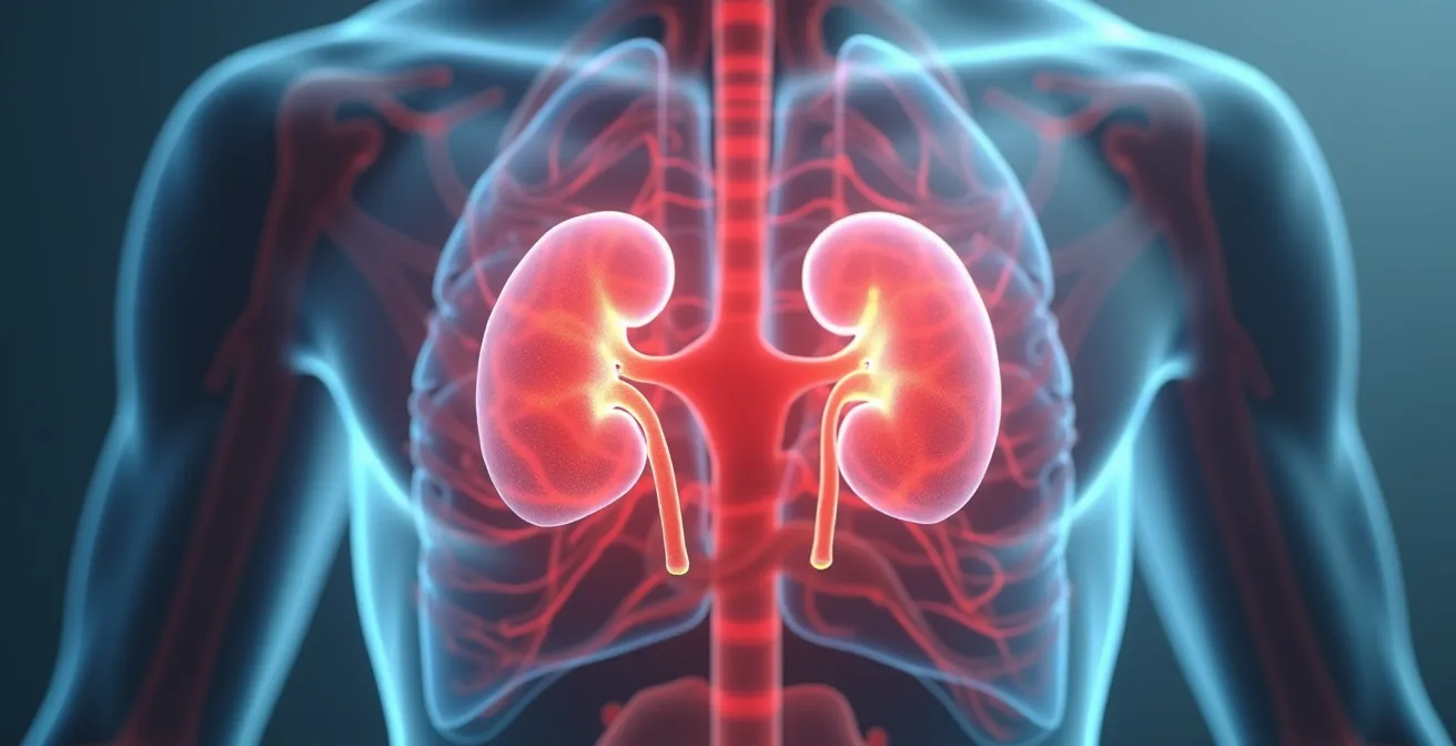 Illustration conceptuelle montrant l'effet du stress sur la rétention d'eau avec éléments hormonaux et vasculaires
