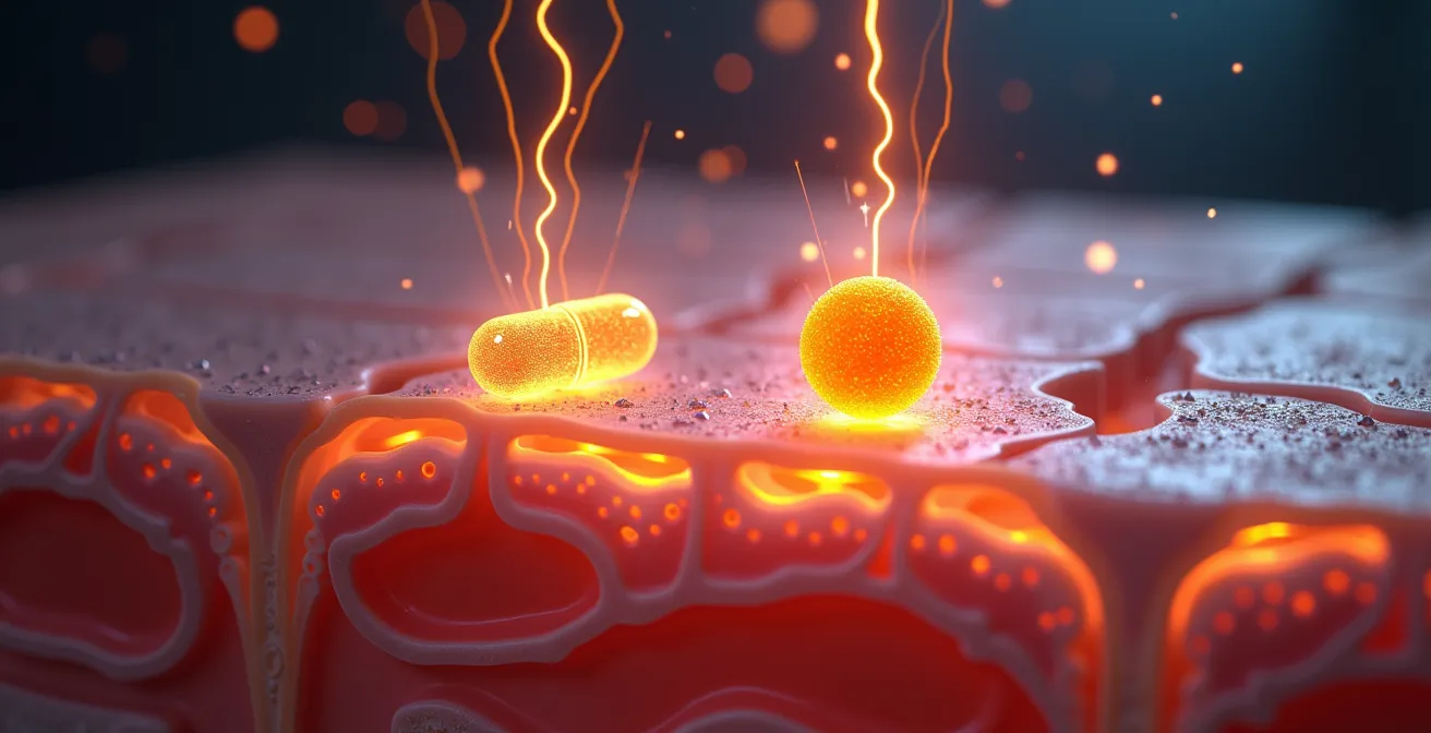 Illustration symbolisant la synergie des actifs rétinol, vitamine C et peptides dans la peau pour l’anti-âge.