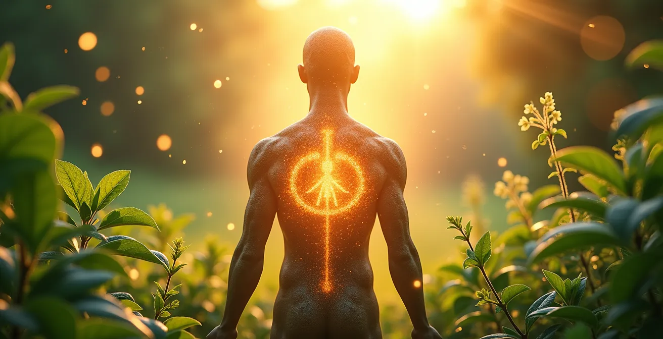 Illustration symbolique montrant le système immunitaire humain entouré d'éléments naturels et de protection, représentant la méthode naturopathique pour renforcer l'immunité