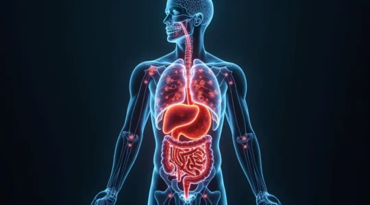 Représentation symbolique d'un corps humain avec des éléments visuels illustrant des toxines internes et les organes de détoxification
