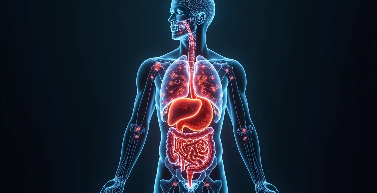 Représentation symbolique d'un corps humain avec des éléments visuels illustrant des toxines internes et les organes de détoxification
