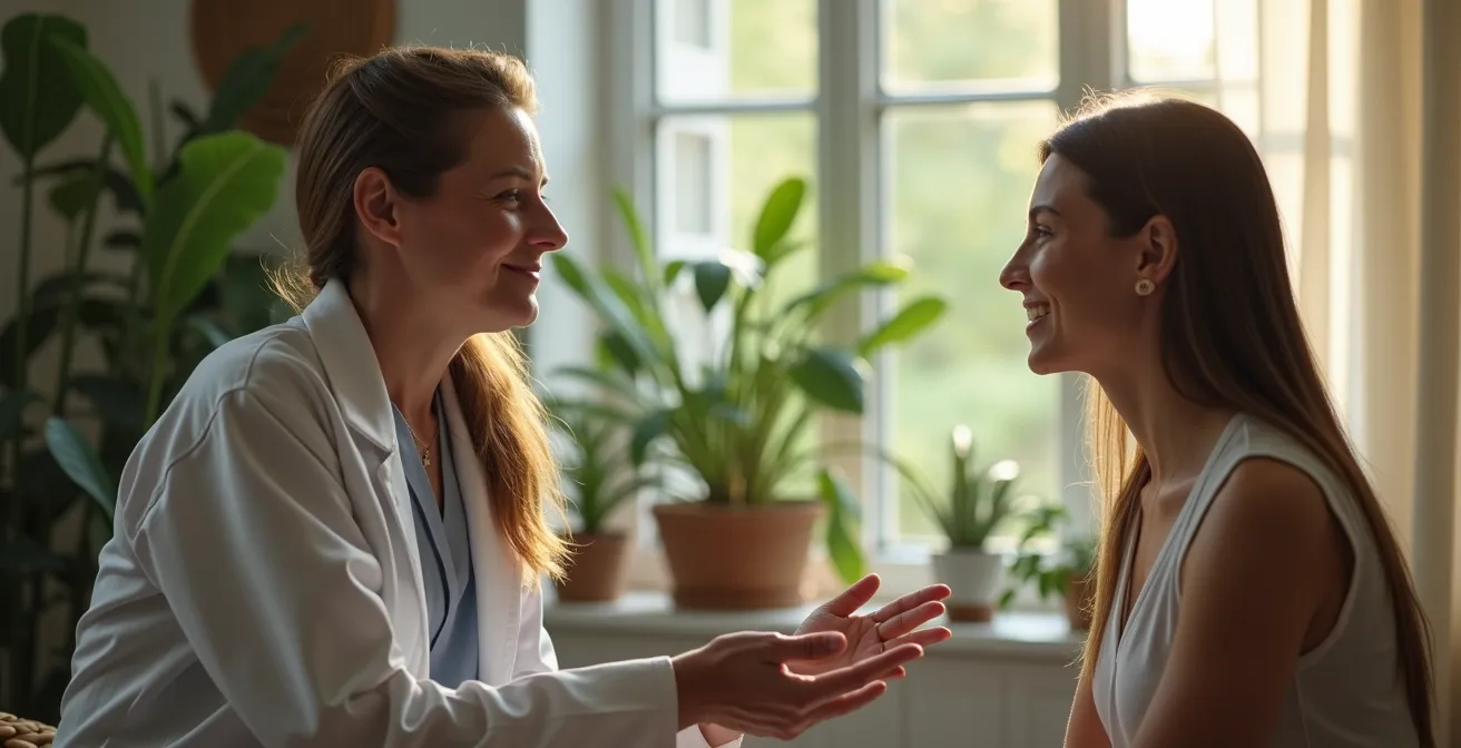 Naturopathe bienveillant en consultation respectueuse avec un patient dans un cadre lumineux