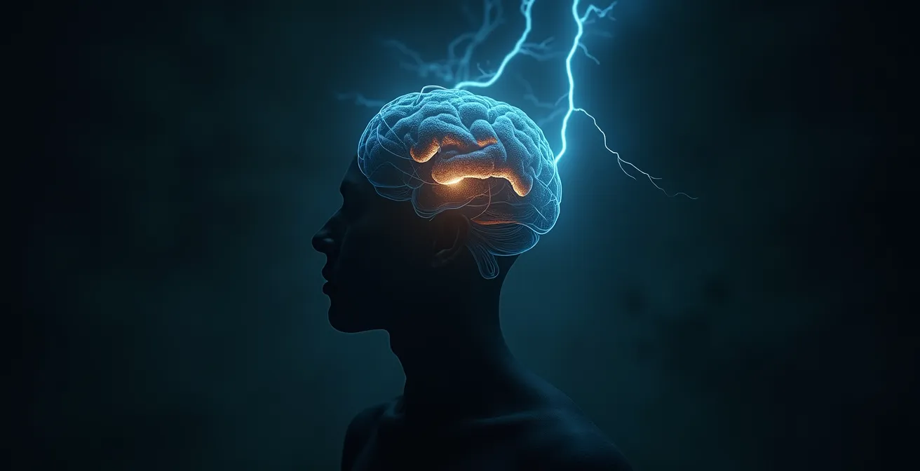 Illustration conceptuelle des 4 voleurs d'énergie affectant la force vitale avec des symboles représentant stress, inflammation, nerf vague et lumière bleue