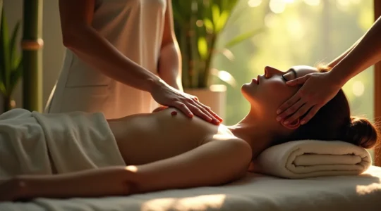 Une personne recevant un massage relaxant dans un environnement zen évoquant un voyage sensoriel et thérapeutique