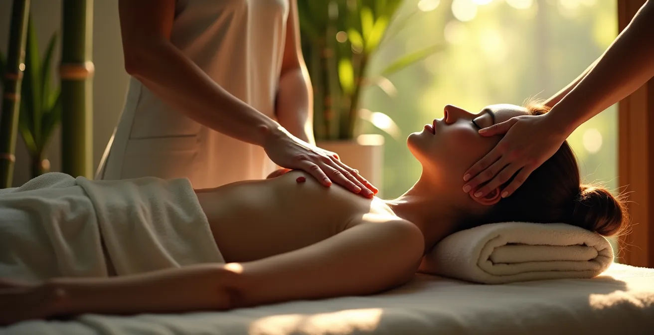 Une personne recevant un massage relaxant dans un environnement zen évoquant un voyage sensoriel et thérapeutique
