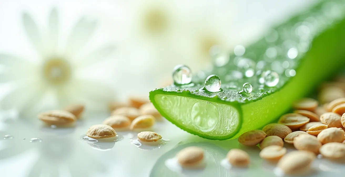 Vue macro de textures apaisantes naturelles évoquant les actifs pour peau sensible