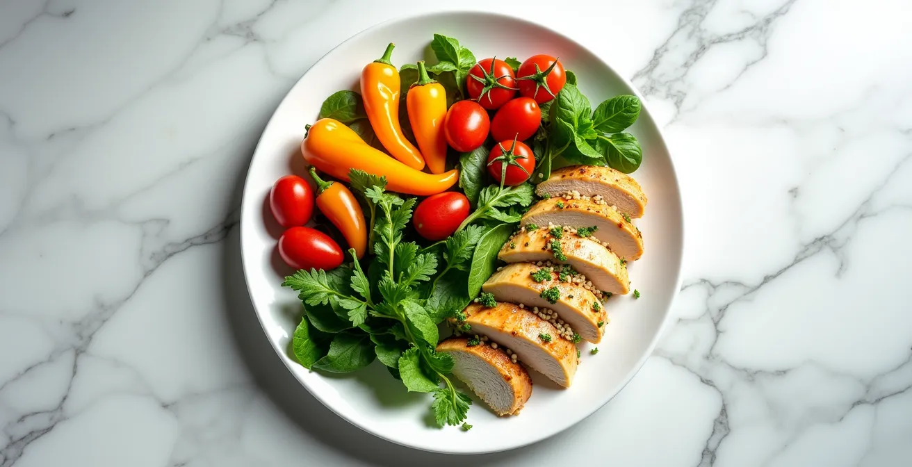 Assiette divisée montrant la proportion idéale d'aliments alcalinisants et acidifiants