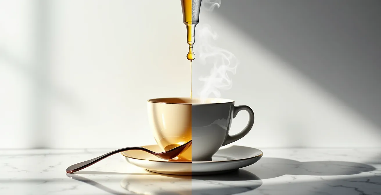 Comparaison visuelle de l'absorption sublinguale rapide d'une teinture-mère versus la digestion lente d'une tisane