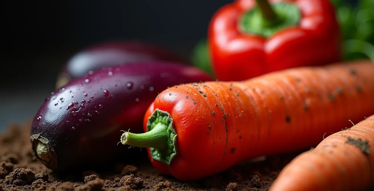 Légumes biologiques colorés avec leur peau montrant la richesse en antioxydants