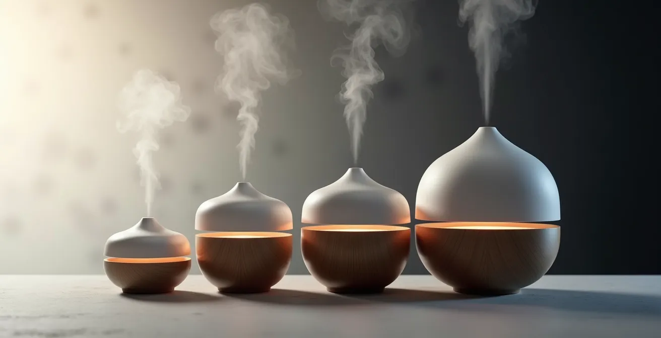 Différents types de diffuseurs d'huiles essentielles alignés sur une surface en bois naturel