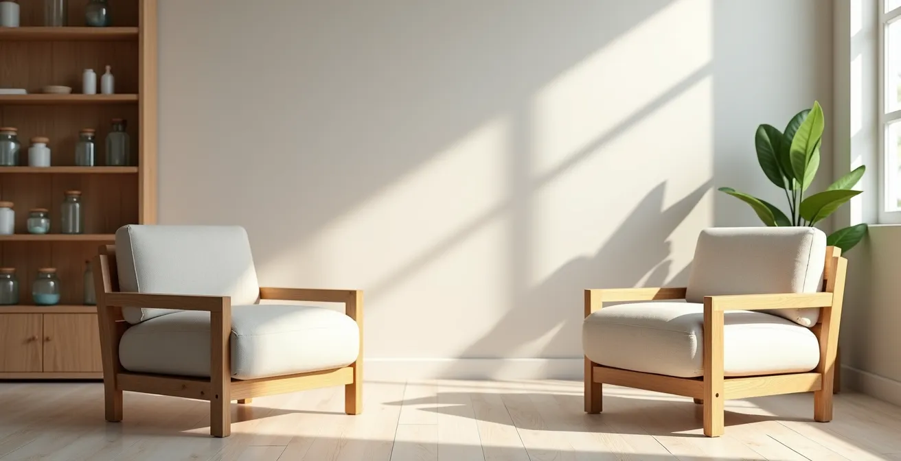 Vue environnementale d'un cabinet de consultation homéopathique baigné de lumière naturelle, montrant l'espace apaisant sans présence humaine visible