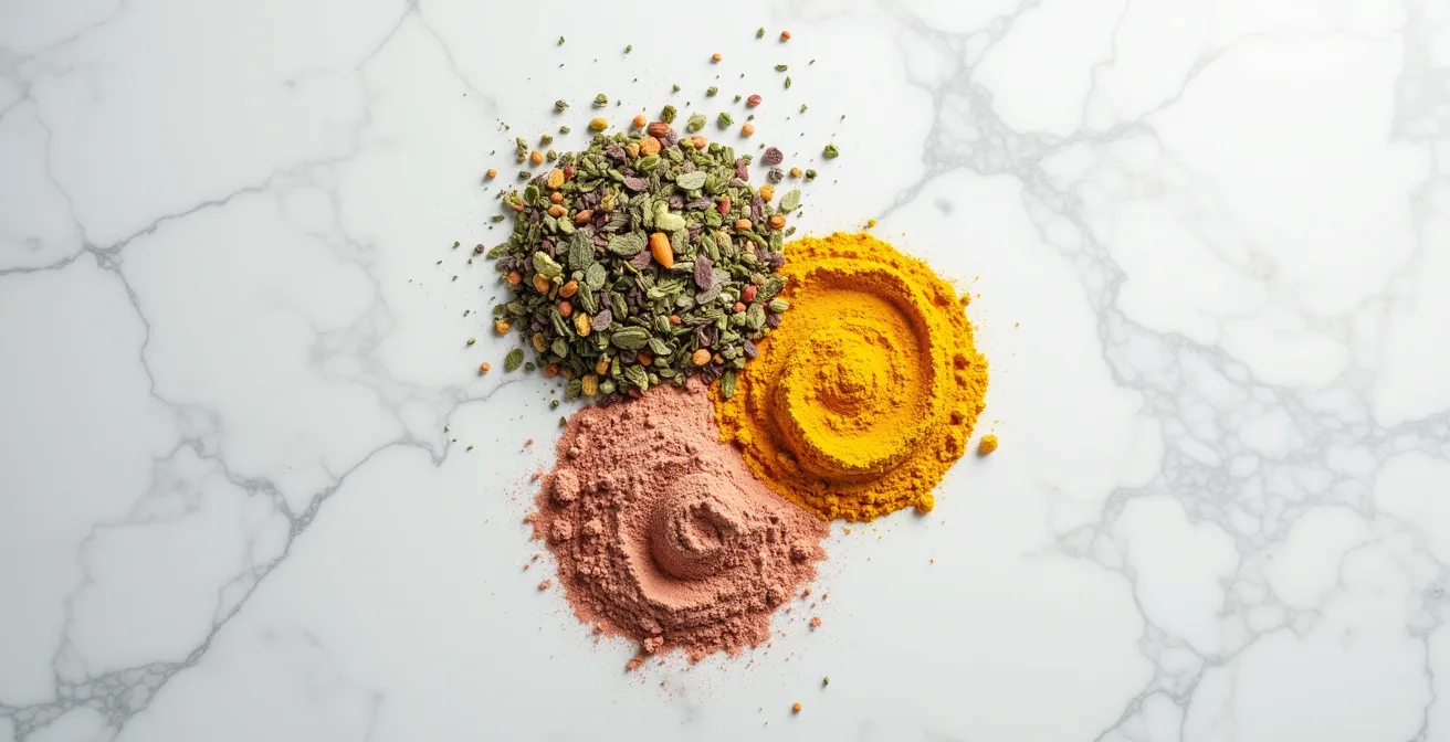 Trois cercles entrelacés représentant les zones de chevauchement entre bio, vegan et cruelty-free avec des produits cosmétiques naturels