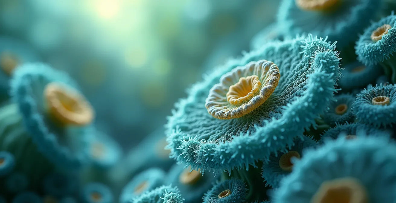 Vue macro de cellules en mouvement perpétuel représentant l'écosystème intelligent du corps humain