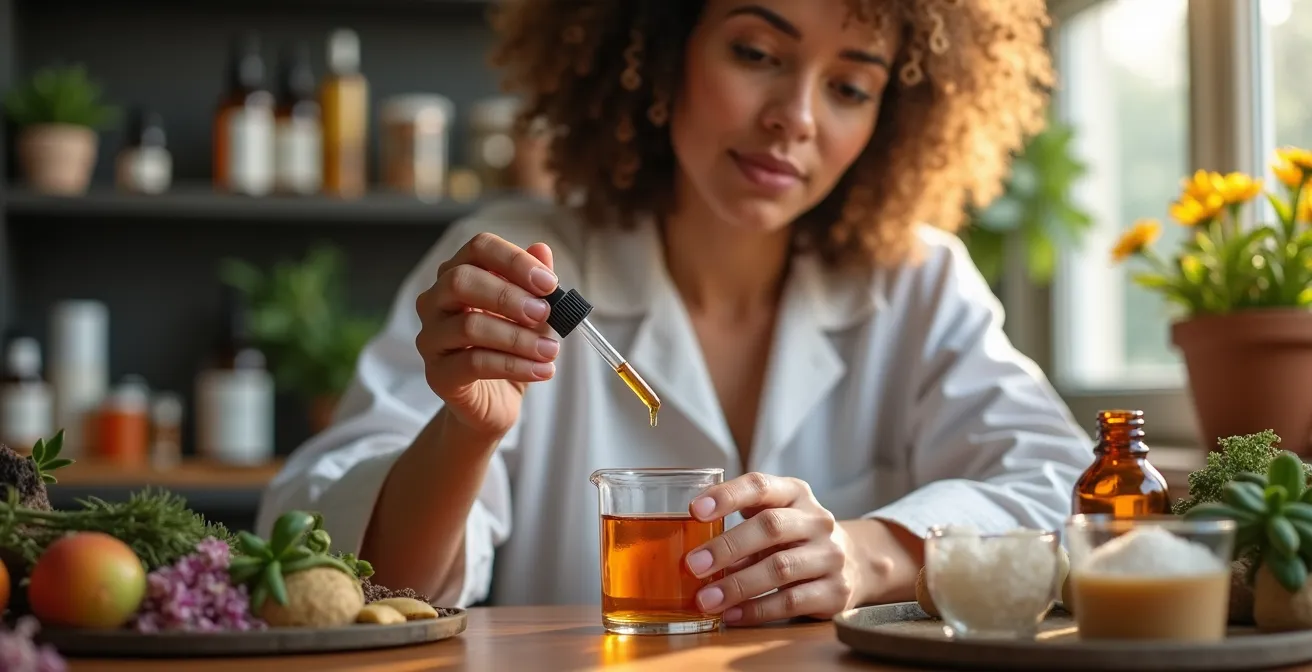 Chimiste formulant un soin bio avec ingrédients naturels