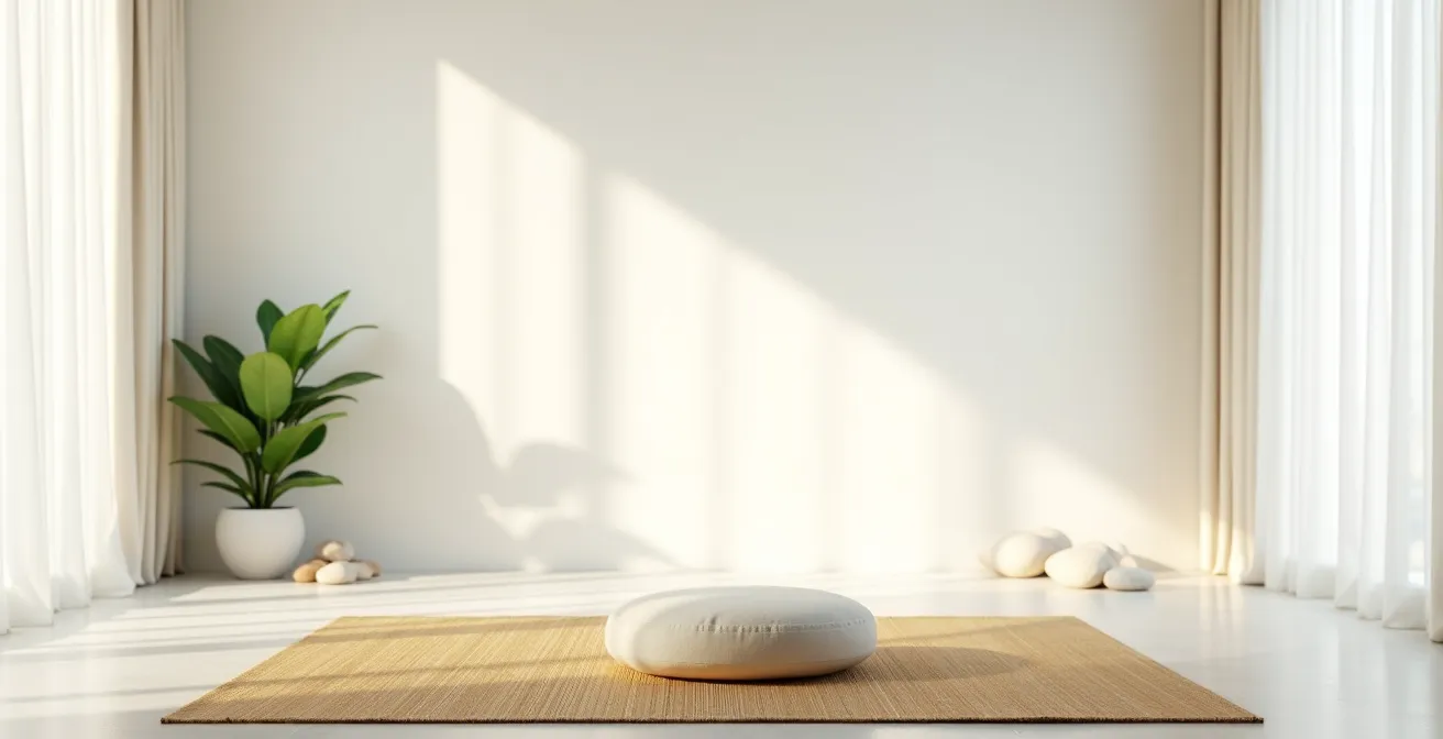 Espace de méditation minimaliste avec coussin et lumière douce