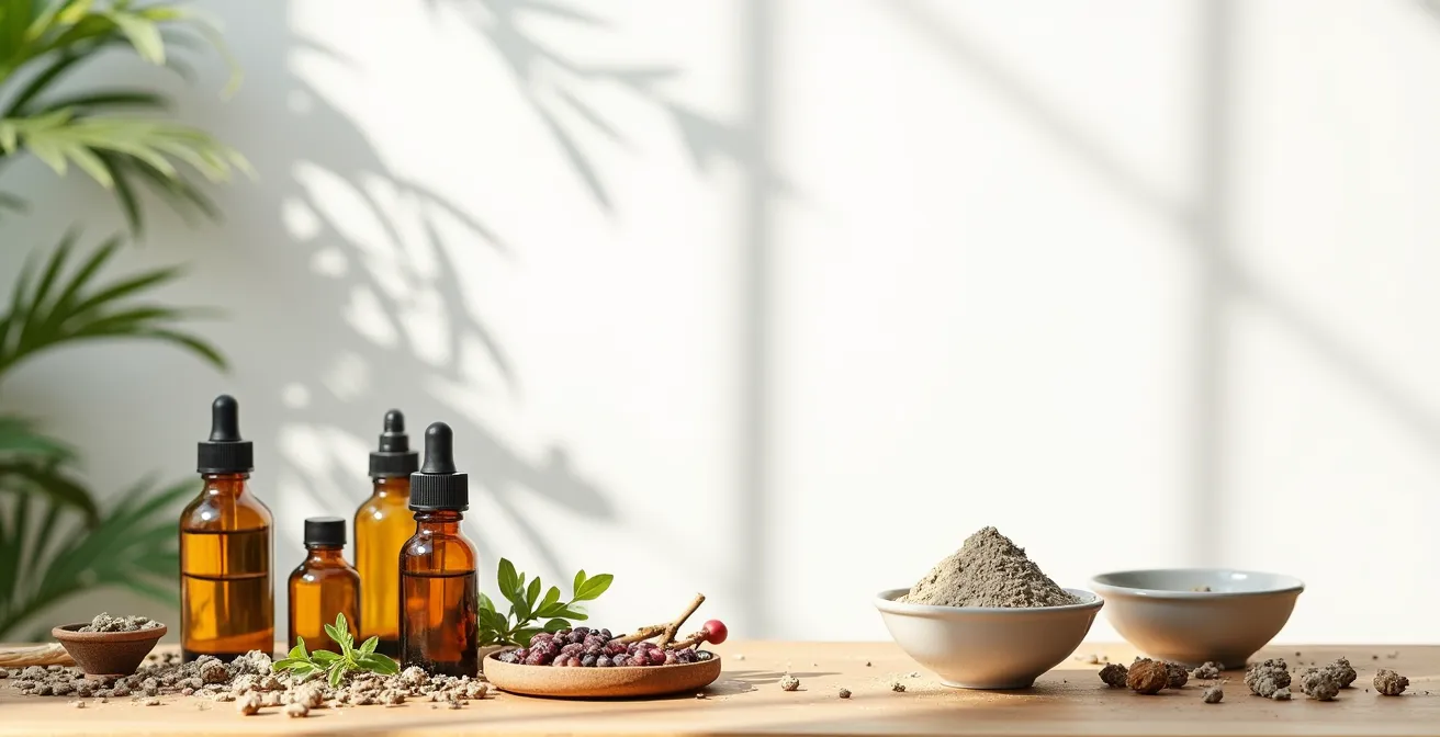 Composition artistique d'ingrédients naturels pour cosmétiques dans un environnement épuré