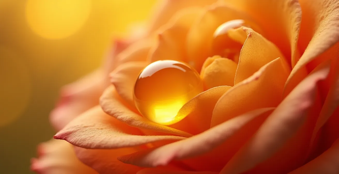 Macro photographie d'huiles végétales dorées et plantes fraîches