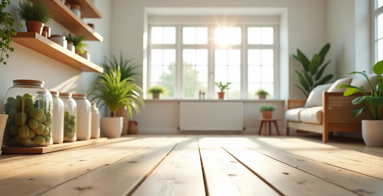 Intérieur de maison épuré avec matériaux naturels et plantes vertes