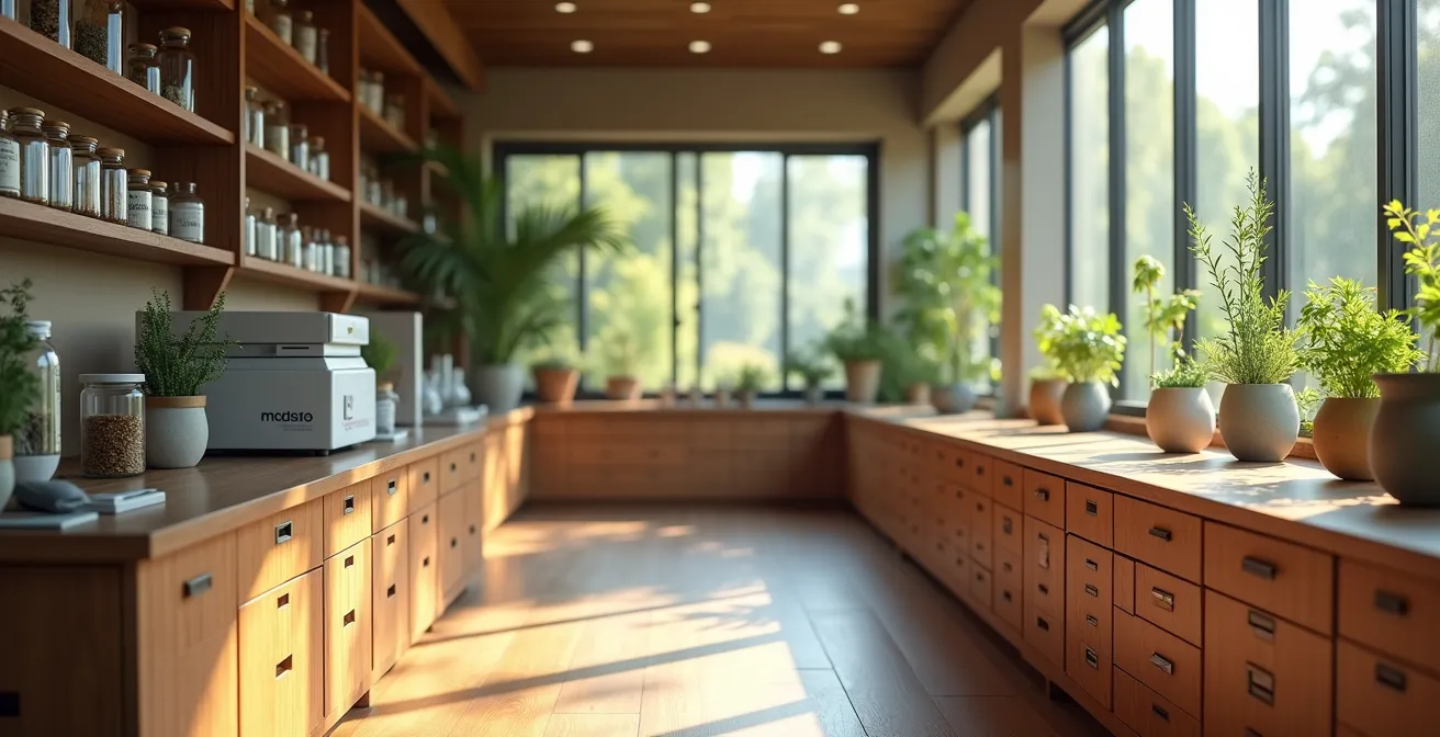 Vue d'ensemble d'un laboratoire d'herboristerie moderne mêlant instruments scientifiques et plantes médicinales traditionnelles