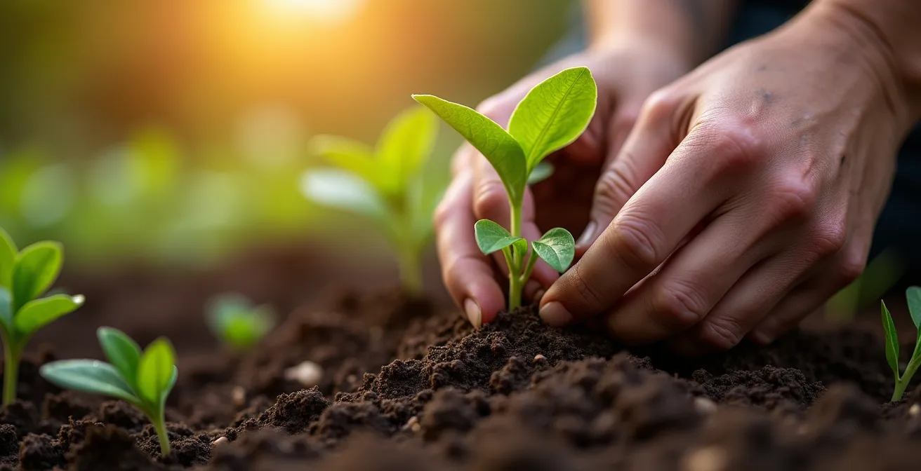 Mains de jardinier plantant délicatement une jeune pousse dans la terre fertile
