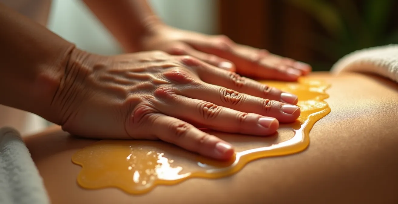 Gros plan sur les mains d'une praticienne effectuant un mouvement de pétrissage traditionnel balinais