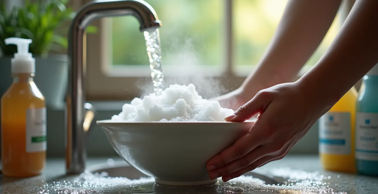 Mains sous l'eau savonneuse en gros plan avec lumière naturelle