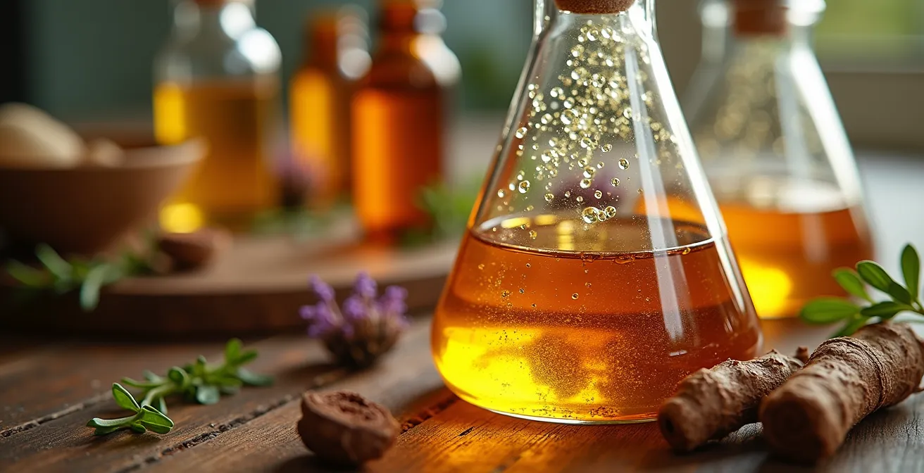 Vue macro d'une extraction de principes actifs végétaux montrant les détails moléculaires