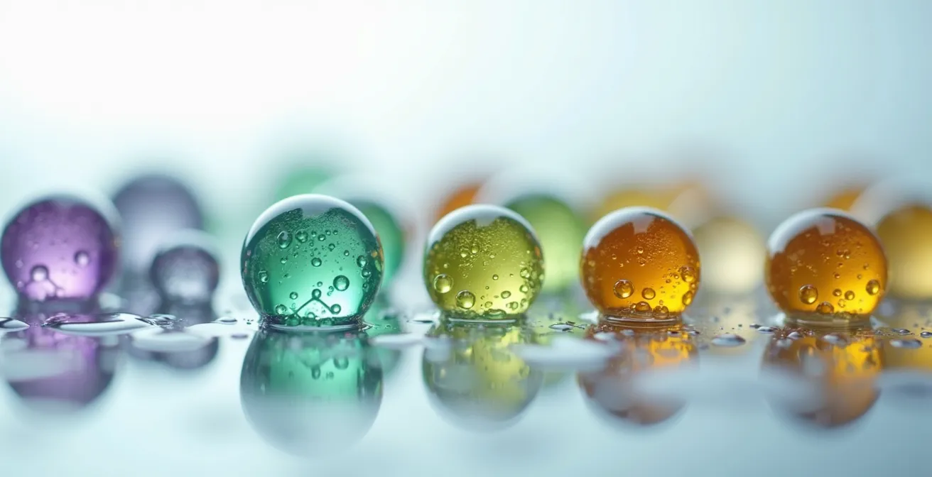 Vue macro de gouttelettes d'huiles essentielles avec reflets moléculaires