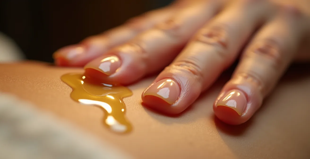 Vue macro détaillée de mains effectuant des mouvements lents et fluides sur la peau avec de l'huile de massage