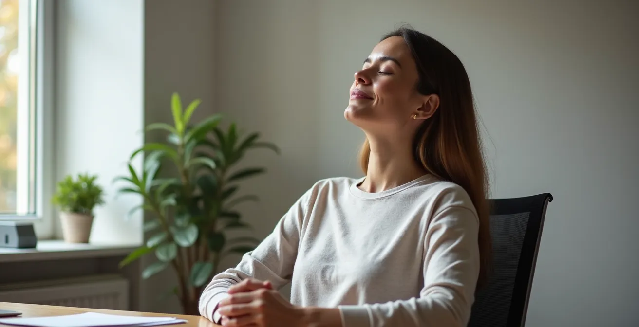 Personne en position assise pratiquant la cohérence cardiaque dans un environnement de bureau épuré